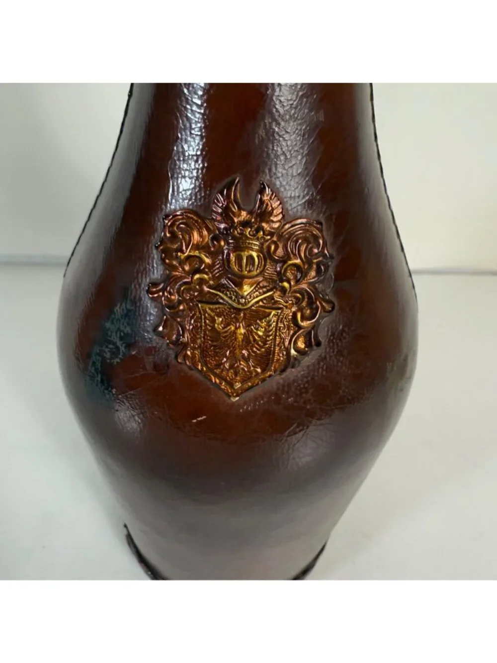 Italian Leather Covered Decanter Bottle Globe Stopper VTG MCM Barware Decor